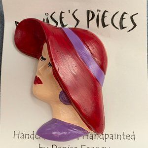 Red Hat Society Pin Brooch Plaster Red Purple Ribbon Lady Handmade Hand Painted